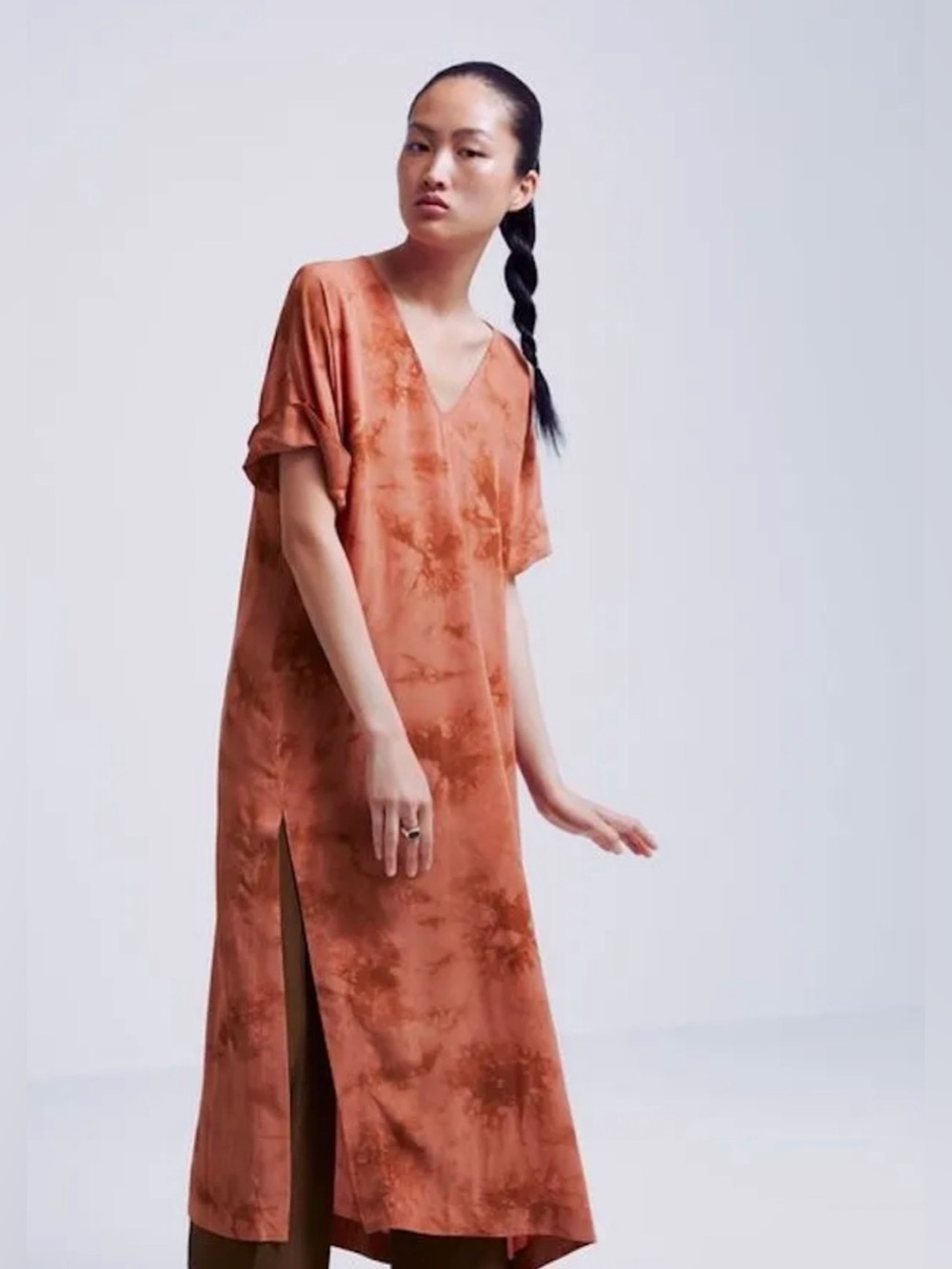 Zara Burnt Orange V-Neck Tie-Dye Dress